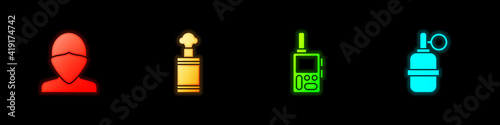Set Vandal, Hand grenade, Walkie talkie and icon. Vector.
