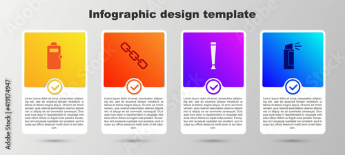 Set Police assault shield, Chain link, rubber baton and Pepper spray. Business infographic template. Vector.