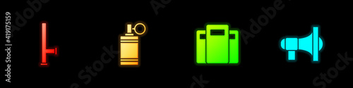 Set Police rubber baton, Hand grenade, assault shield and Megaphone icon. Vector.