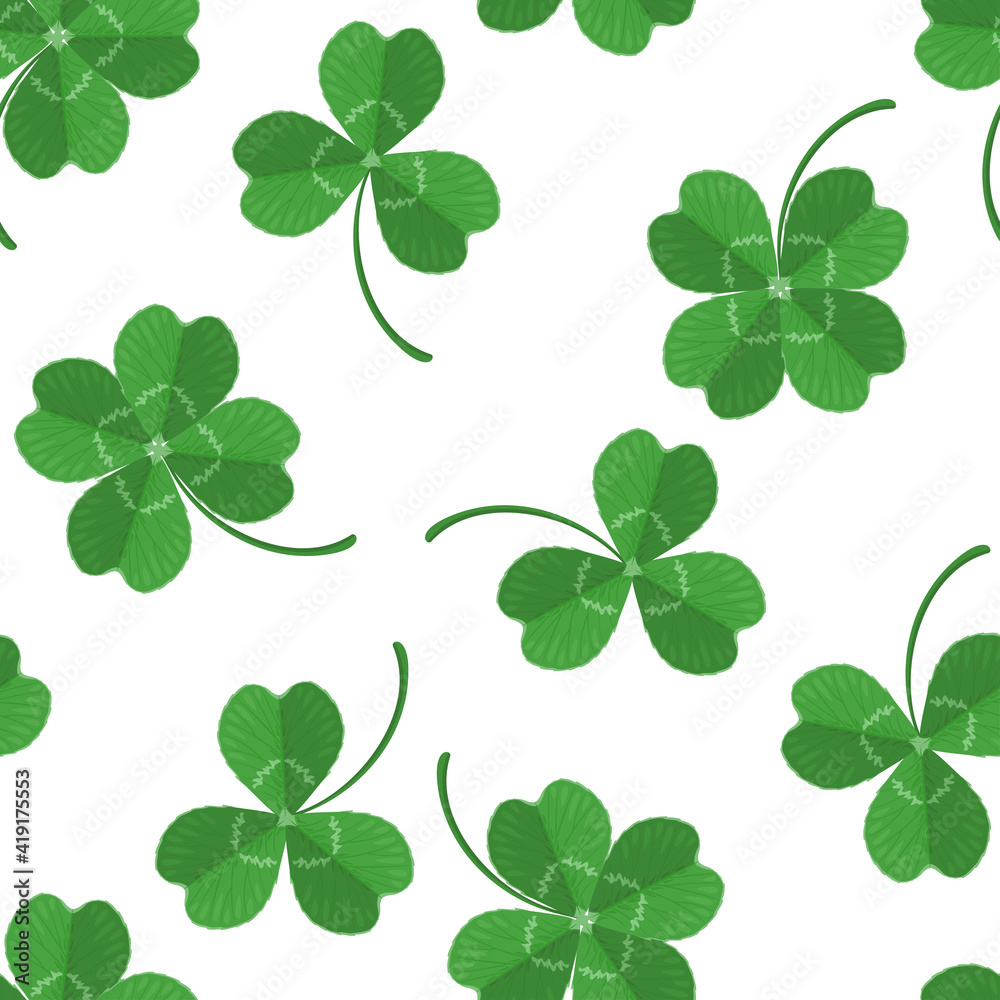 Green three-leaves and four-leafed clover leaves seamless pattern. Vector illustration in cartoon flat style. Saint Patrick's Day background. Green three-leaves and four-leafed clover leaves seamless pattern. Vector illustration in cartoon flat style. Saint Patrick's Day background.