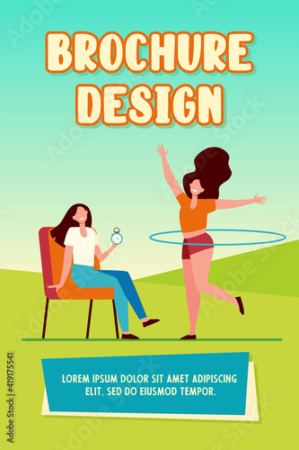 Woman helping female friend with hula hoop to train body. Stopwatch, timer, trainer flat vector illustration. Fitness, activity, exercise concept for banner, website design or landing web page