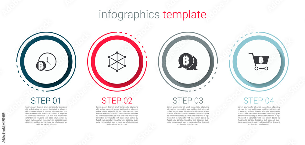Set Bitcoin with clock, Blockchain technology, and Shopping cart bitcoin. Business infographic template. Vector. Set Bitcoin with clock, Blockchain technology, and Shopping cart bitcoin. Business infographic template. Vector.