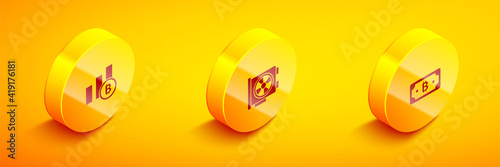 Set Isometric Pie chart infographic bitcoin, Video card and Cryptocurrency icon. Vector.