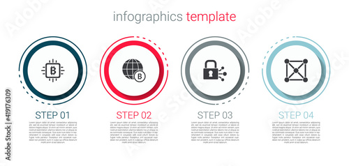 Set CPU mining farm, Globe Bitcoin, Lock with bitcoin and Blockchain technology. Business infographic template. Vector.