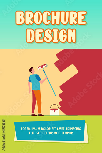 House-painter painting wall with paint roller. Color, handyman, repairman flat vector illustration. Repair and renovation concept for banner, website design or landing web page