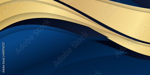 Blue gold abstract wave lines background. Luxury navy blue background combine with glowing golden lines. Overlap layer textured background design 