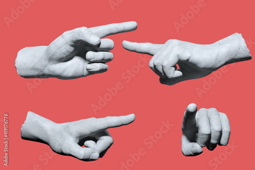 Fototapeta One finger hand of statue, pointing hand sculpture, touching gesture isolated ar