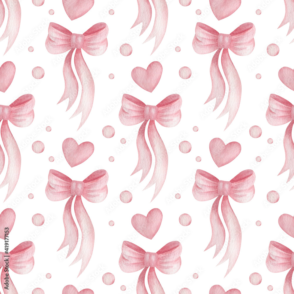 Watercolor easter seamless pattern. For the design of wrapping paper, fabric. Spring background. Bow, hearts.