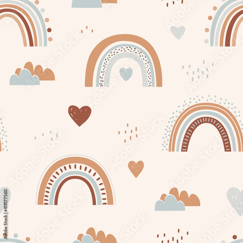Seamless childish pattern with hand drawn rainbows and hearts. Creative scandinavian kids texture for fabric, wrapping, textile, wallpaper, apparel. Vector illustration