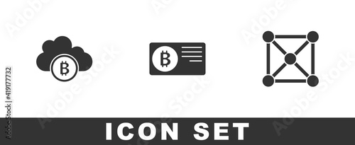 Set Cryptocurrency cloud mining, Credit card with bitcoin and Blockchain technology icon. Vector.