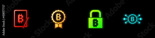 Set Mining bitcoin from tablet, Bitcoin, Lock with and circuit icon. Vector.
