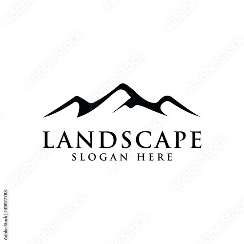 Minimalist Landscape Hills, Mountain Peaks River Creek Simple logo design Vector