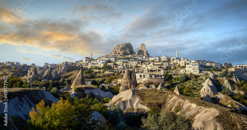 Uchisar Castle, town in Cappadocia, Turkey near Goreme. One of the best viewpoints to the valley. Cave houses formation