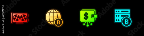 Set Video graphic card, Globe Bitcoin, Cryptocurrency wallet and Server bitcoin icon. Vector.
