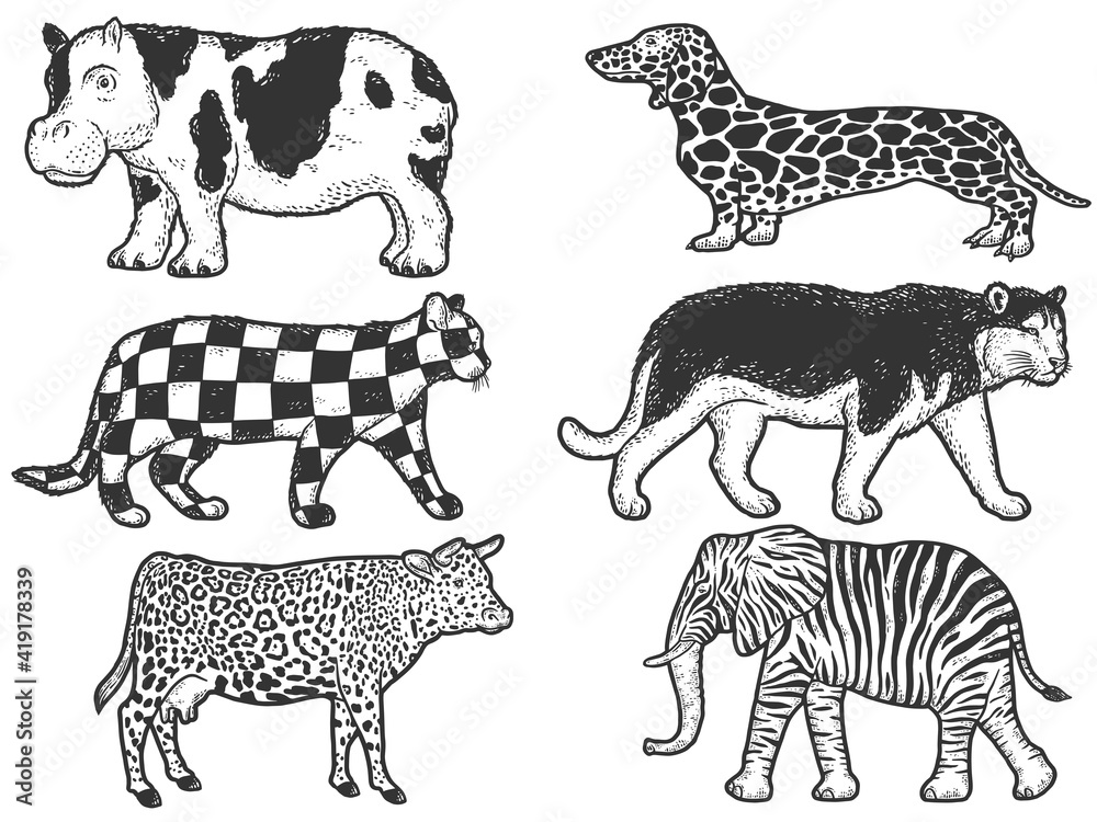 Large set, animals of atypical coat color. Sketch scratch board imitation.