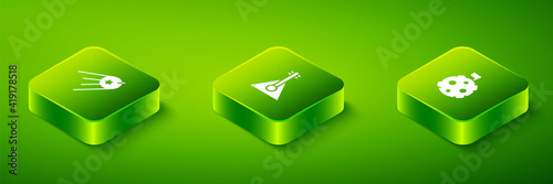 Set Isometric Balalaika, Moon with flag and Satellite icon. Vector.