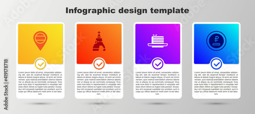 Set Location Russia, The Tsar bell, Medovik and Rouble, ruble currency. Business infographic template. Vector.