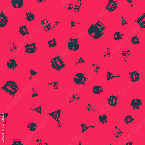 Set Balalaika, Bottle of vodka with glass, Tin can caviar and Kosovorotka on seamless pattern. Vector.