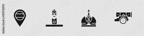 Set Location Russia, Slavic pagan idol, King crown and Cannon icon. Vector.