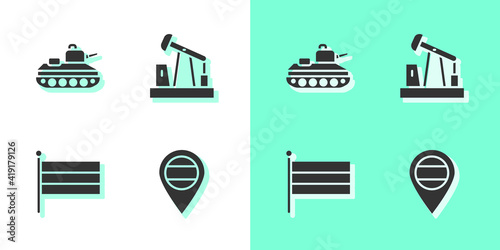 Set Location Russia, Military tank, National flag and Oil pump or pump jack icon. Vector.