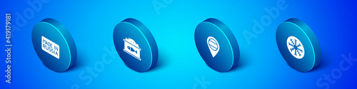 Set Isometric Made in Russia, Location, Snowflake and Tin can with caviar icon. Vector.