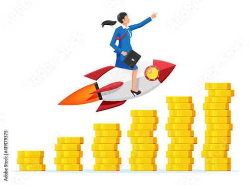 Successful business woman flying on rocket on coin graph going up. Businesswoman on flying space ship. New business or startup. Idea, growing, success, start up strategy. Flat vector illustration