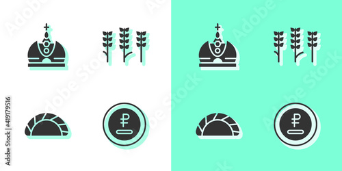 Set Rouble, ruble currency, King crown, Dumpling and Wheat icon. Vector.