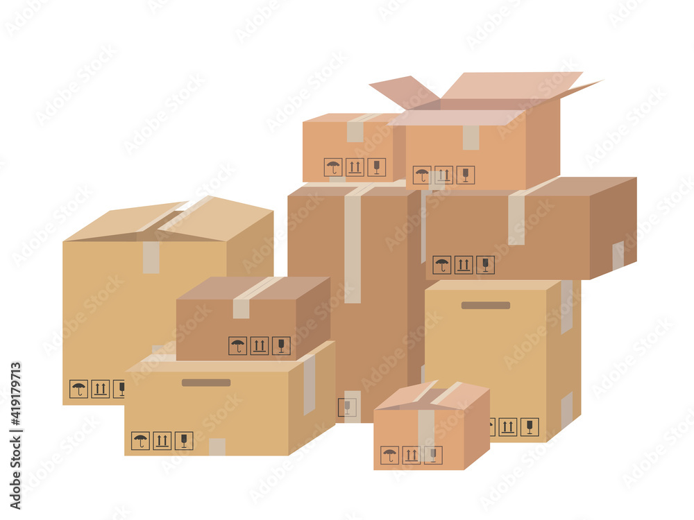 Carton delivery packaging open and closed box with fragile signs. Shipping parcel packaging templates collection. Carton delivery packaging open and closed box with fragile signs. Shipping parcel packaging templates collection.