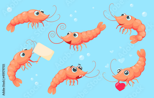 Cartoon shrimps collection. Cute and funny prawns with different emotions isolated on white background. Flat vector illustration for sea animals, food concept