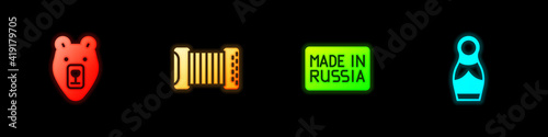 Set Bear head, Accordion, Made in Russia and Russian doll matryoshka icon. Vector.