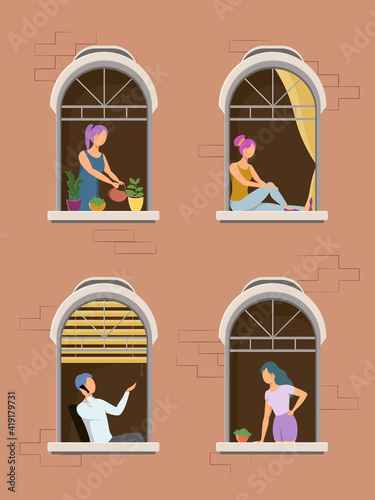 Neighborhood concept. People stand on balconies or look out of windows. Man and woman in the windows