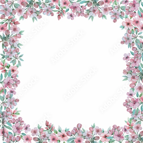 Watercolor floral frame. Apple tree flowers. Postcard, invitation. © Tamaris