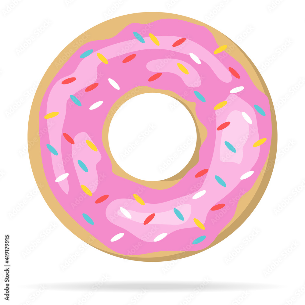 Donut, realistic donut with pink powder isolated on white background with shadow. Vector, cartoon illustration. Vector. Donut, realistic donut with pink powder isolated on white background with shadow. Vector, cartoon illustration. Vector.