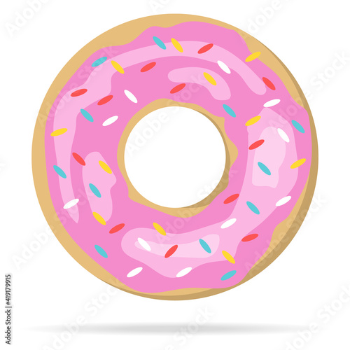 Donut, realistic donut with pink powder isolated on white background with shadow. Vector, cartoon illustration. Vector.