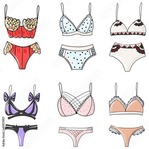 Collection of elegant lingerie. Trendy female underwear. Set of womens lingerie, types of bras. Colorful illustration.