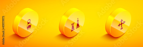 Set Isometric Russian doll matryoshka, Chess and Christian cross icon. Vector.