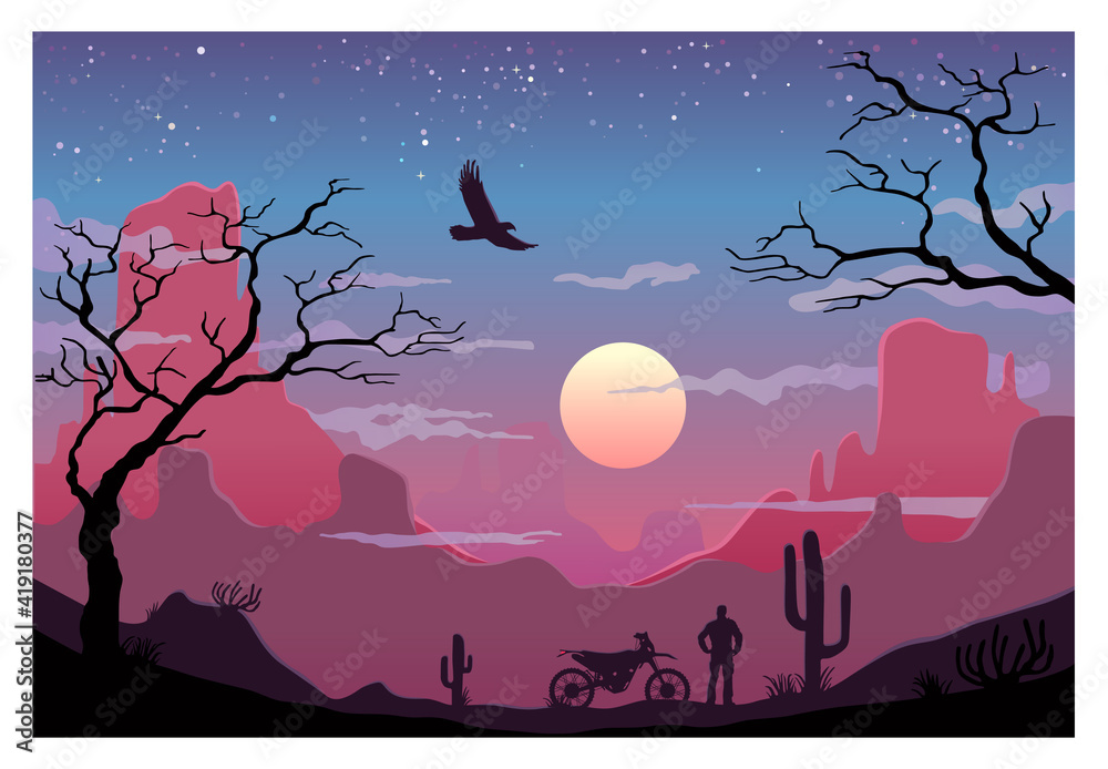 Biker in the desert looks at the sunset sky with clouds. Vector color illustration