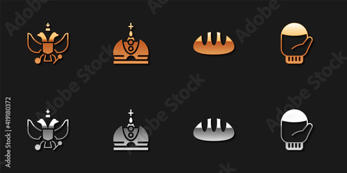 Set National emblem of Russia, King crown, Bread loaf and Christmas mitten icon. Vector. © Kostiantyn