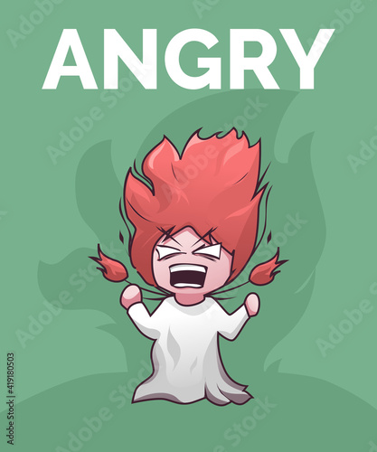 cute cartoon little girl with red hair angry and mad, her hair start floating up represent her anger. suited for podcast album cover, spotify, sale, advertising, postcard, vector, wallpaper, etc.