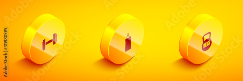 Set Isometric Dumbbell, Punching bag and Kettlebell icon. Vector.