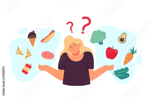 Thoughtful woman choosing between healthy and junk food flat vector illustration. Cartoon lady thinking about bad and good diet. Nutrition and lose weight concept