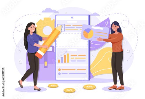 Ui and ux designer is working on business planning app development. Abstract concept of easy to edit and customize organizer. Monetize concept. Flat cartoon vector illustration.