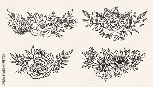 Floral border arrangement elegant.Ink line style.Flower leaf botanical design.