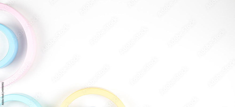 Wooden geometric shapes colorful toy figures composition on white background. Top view Wooden geometric shapes colorful toy figures composition on white background. Top view