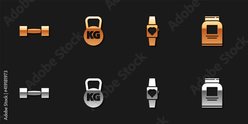 Set Dumbbell, Kettlebell, Smartwatch and Sports nutrition icon. Vector.
