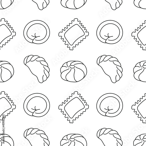 Seamless pattern of different dumplings. Black icons on white background. Vector stock illustration. Hand drawn doodle elements: dumplings, pelmeni, ravioli, vareniki, manti, khinkali. Simple style.