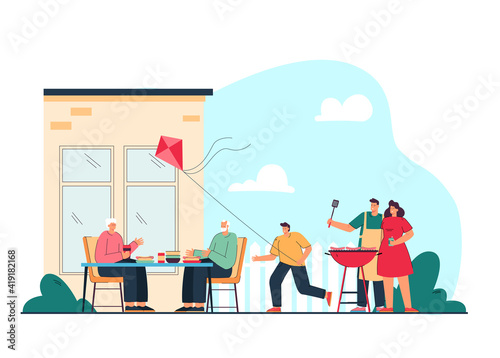 Happy family cooking BBQ at backyard flat vector illustration. Cartoon grandparents, parents and kids relaxing outdoors near house. Barbecue at garden, picnic time and leisure concept