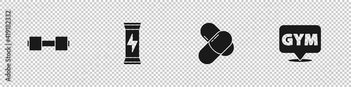 Set Dumbbell, Sports nutrition, and Location gym icon. Vector.