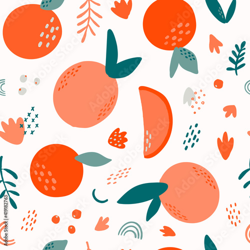 Fototapeta Naklejka Na Ścianę i Meble -  seamless pattern with abstract oranges, flowers and leaves on white background for posters, textile and fabric prints, wrapping paper, packaging, wallpaper, scrapbooking, kids fashion etc. 