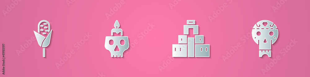Set paper cut Corn, Burning candle on a skull, Chichen Itza Mayan and Mexican icon. Paper art style. Vector.